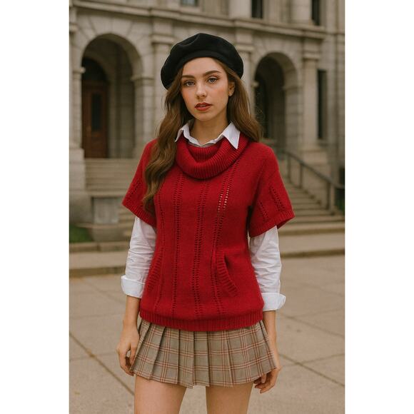 Vintage Y2K BCBGmaxazria Womens M Short Sleeve Sweater Red Cowl Neck Academia - Picture 1 of 9